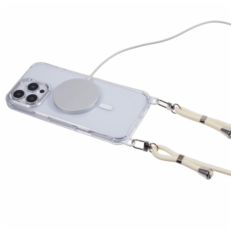 For iPhone 16 Pro Clear Case Compatible with MagSafe Shockproof PC+TPU Phone Cover with Long Lanyard - White