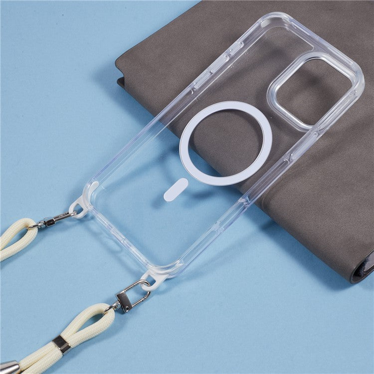 For iPhone 16 Pro Clear Case Compatible with MagSafe Shockproof PC+TPU Phone Cover with Long Lanyard - White
