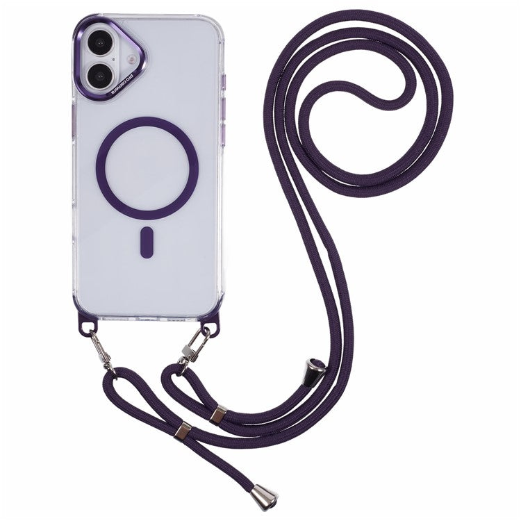 For iPhone 16 Clear Case Compatible with MagSafe Shockproof PC+TPU Phone Cover with Long Lanyard - Purple