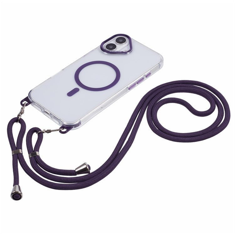 For iPhone 16 Clear Case Compatible with MagSafe Shockproof PC+TPU Phone Cover with Long Lanyard - Purple