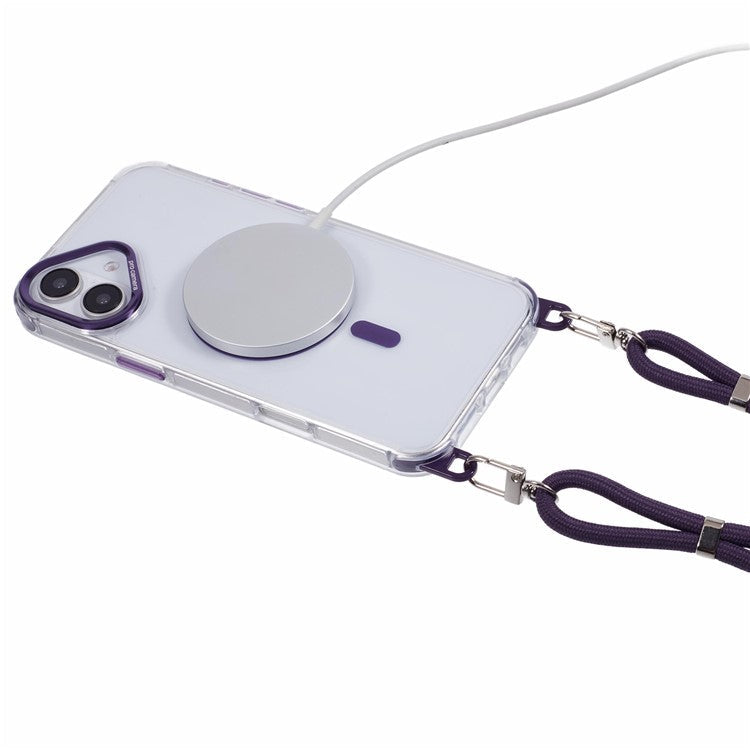 For iPhone 16 Clear Case Compatible with MagSafe Shockproof PC+TPU Phone Cover with Long Lanyard - Purple