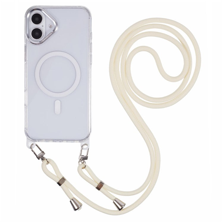 For iPhone 16 Clear Case Compatible with MagSafe Shockproof PC+TPU Phone Cover with Long Lanyard - White