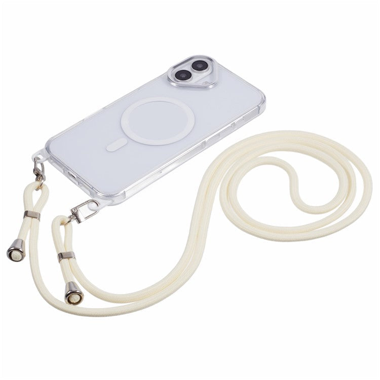 For iPhone 16 Clear Case Compatible with MagSafe Shockproof PC+TPU Phone Cover with Long Lanyard - White