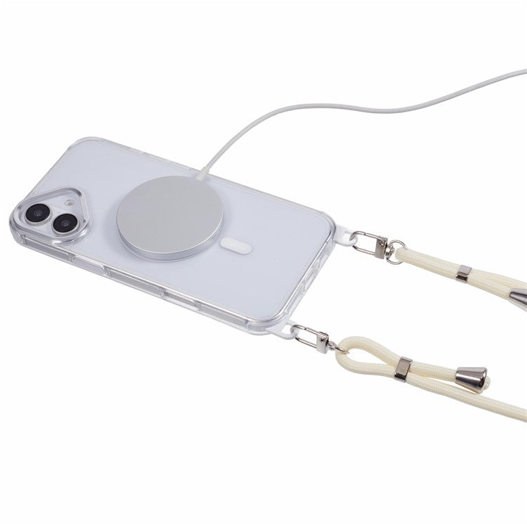 For iPhone 16 Clear Case Compatible with MagSafe Shockproof PC+TPU Phone Cover with Long Lanyard - White