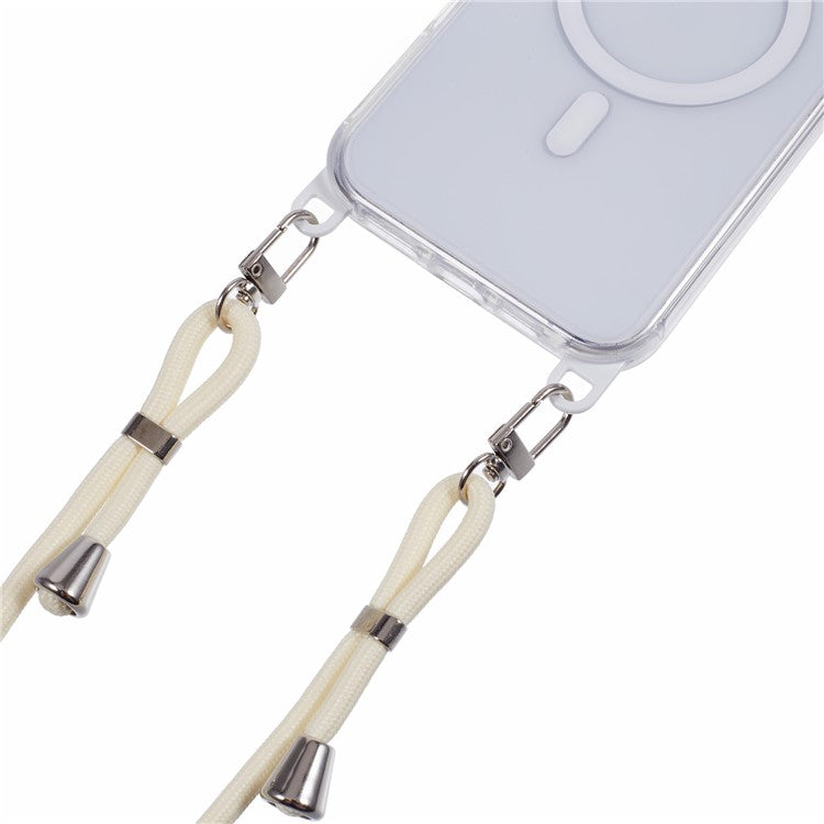 For iPhone 16 Clear Case Compatible with MagSafe Shockproof PC+TPU Phone Cover with Long Lanyard - White