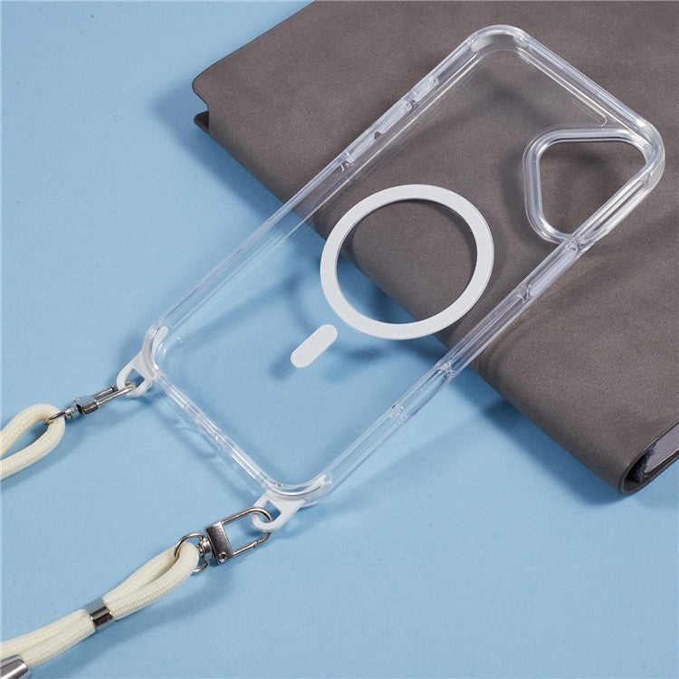 For iPhone 16 Clear Case Compatible with MagSafe Shockproof PC+TPU Phone Cover with Long Lanyard - White