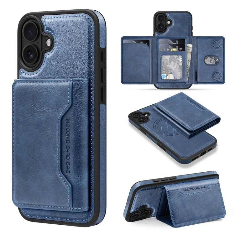 For iPhone 16 Magnetic Case Leather Back Phone Cover with Detachable Card Bag - Sapphire