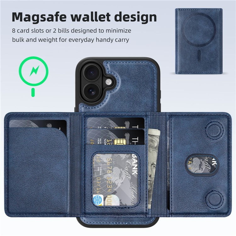 For iPhone 16 Magnetic Case Leather Back Phone Cover with Detachable Card Bag - Sapphire