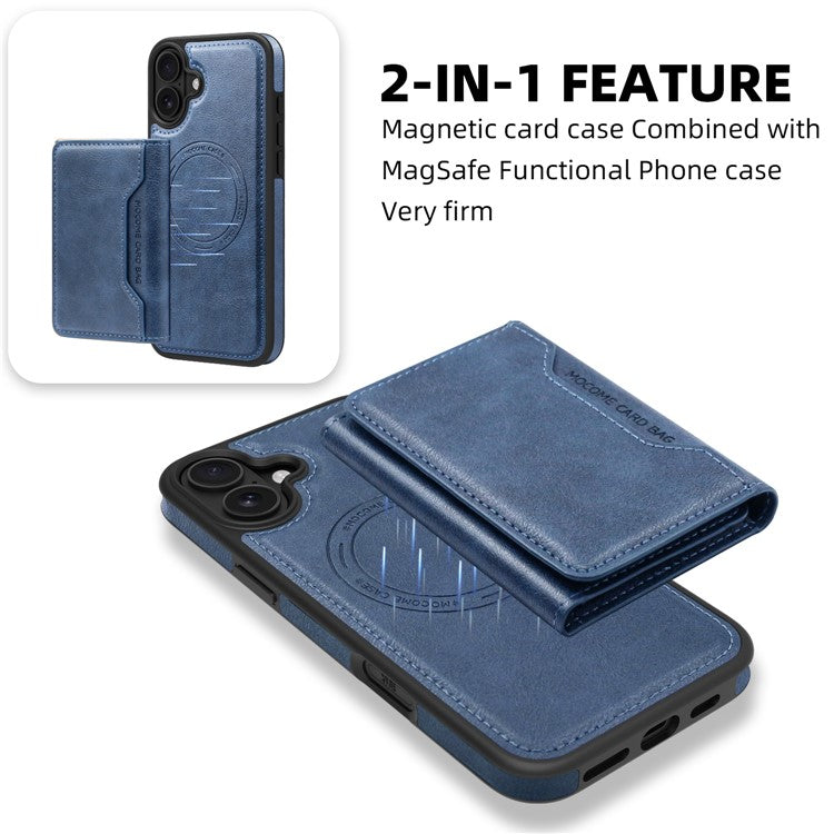 For iPhone 16 Magnetic Case Leather Back Phone Cover with Detachable Card Bag - Sapphire
