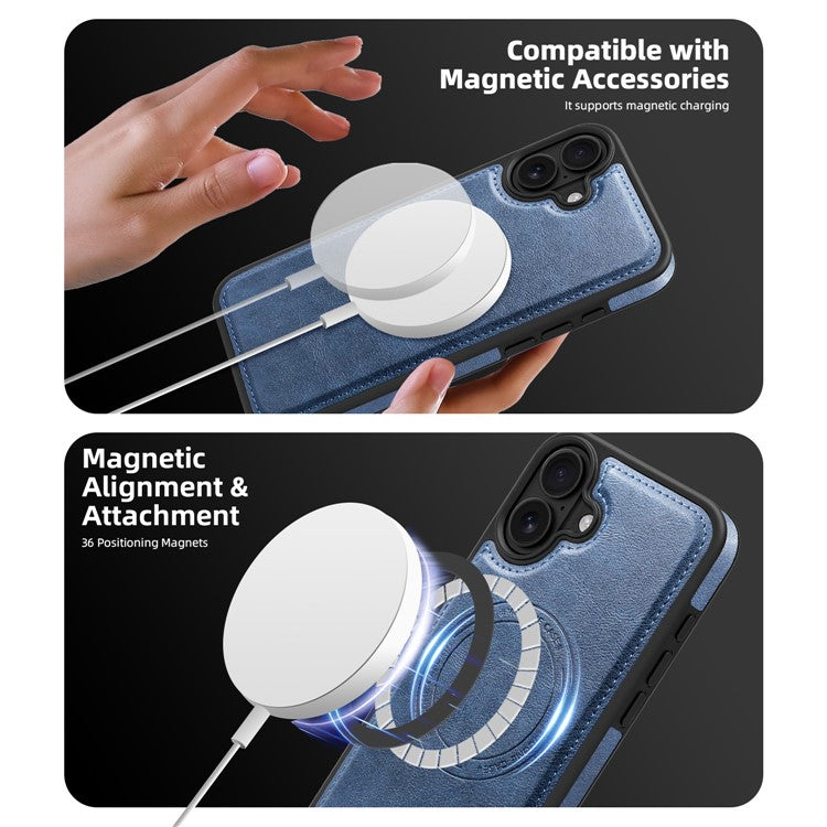 For iPhone 16 Magnetic Case Leather Back Phone Cover with Detachable Card Bag - Sapphire
