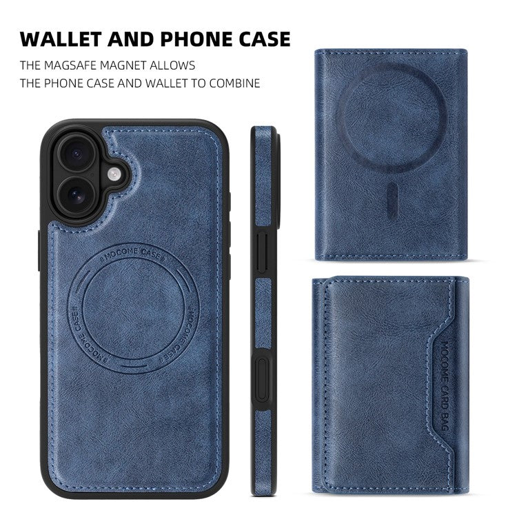 For iPhone 16 Magnetic Case Leather Back Phone Cover with Detachable Card Bag - Sapphire