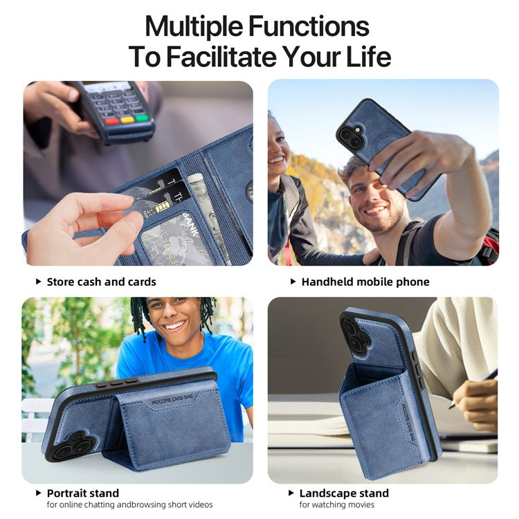 For iPhone 16 Magnetic Case Leather Back Phone Cover with Detachable Card Bag - Sapphire