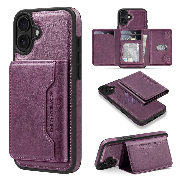 For iPhone 16 Magnetic Case Leather Back Phone Cover with Detachable Card Bag - Dark Purple