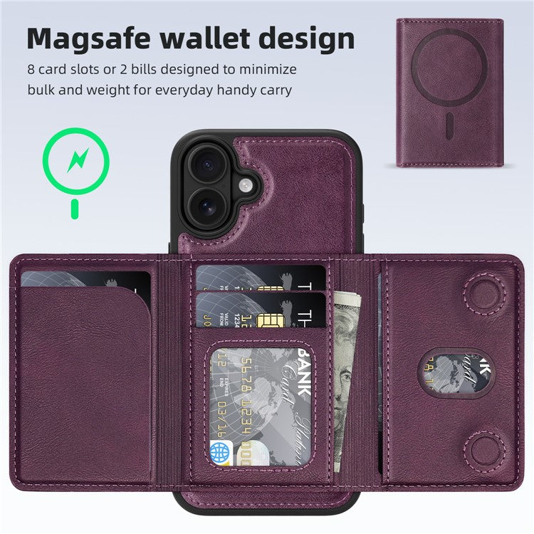For iPhone 16 Magnetic Case Leather Back Phone Cover with Detachable Card Bag - Dark Purple