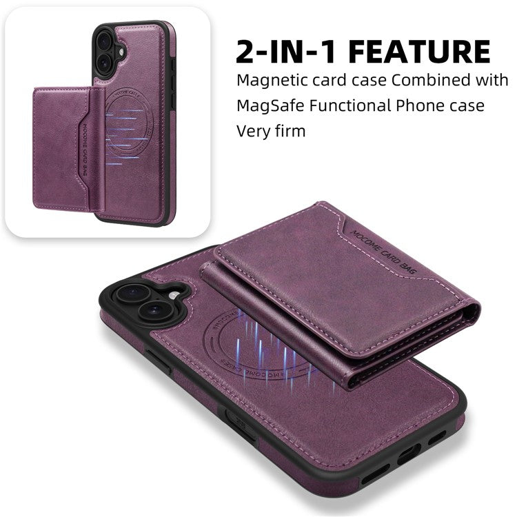 For iPhone 16 Magnetic Case Leather Back Phone Cover with Detachable Card Bag - Dark Purple