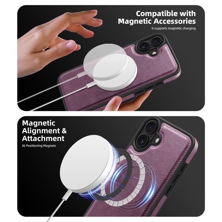 For iPhone 16 Magnetic Case Leather Back Phone Cover with Detachable Card Bag - Dark Purple