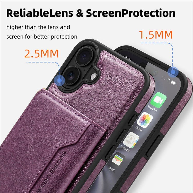 For iPhone 16 Magnetic Case Leather Back Phone Cover with Detachable Card Bag - Dark Purple