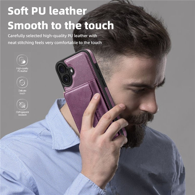 For iPhone 16 Magnetic Case Leather Back Phone Cover with Detachable Card Bag - Dark Purple