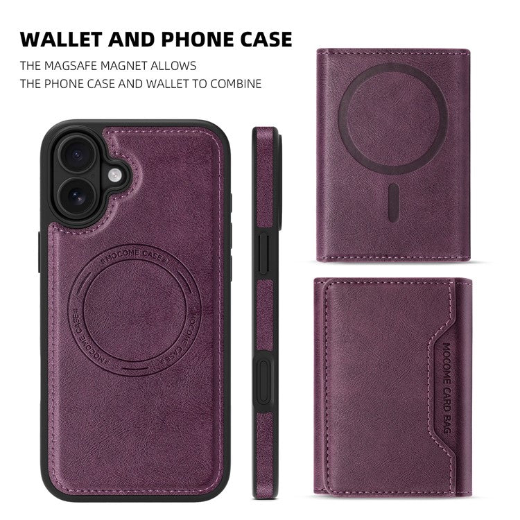 For iPhone 16 Magnetic Case Leather Back Phone Cover with Detachable Card Bag - Dark Purple