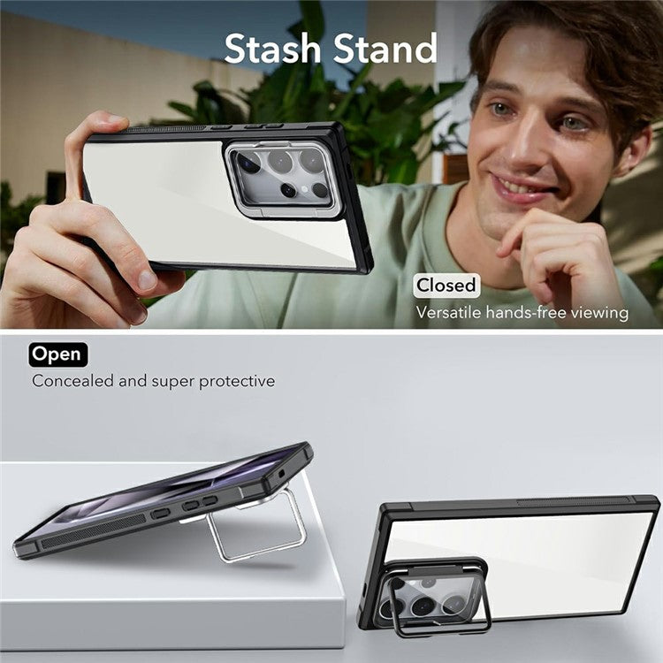 For Samsung Galaxy S24 Ultra Phone Case with Lens Cover Kickstand PC+TPU Clear Back Cover - Black