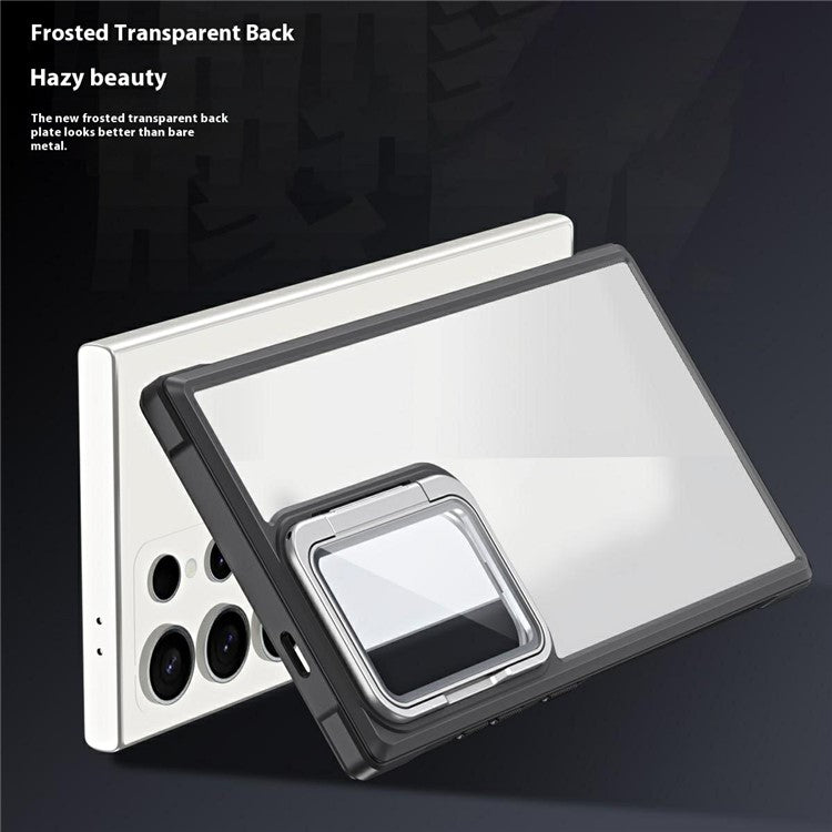 For Samsung Galaxy S24 Ultra Phone Case with Lens Cover Kickstand PC+TPU Clear Back Cover - Black
