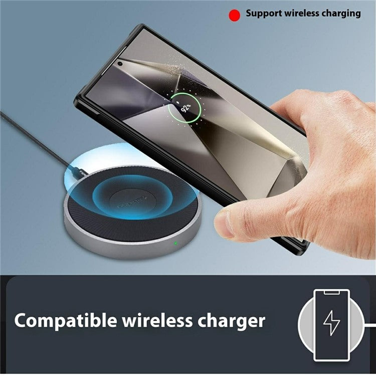 For Samsung Galaxy S24 Ultra Phone Case with Lens Cover Kickstand PC+TPU Clear Back Cover - Black