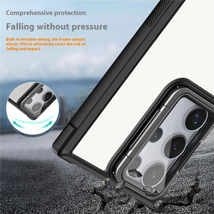 For Samsung Galaxy S24 Ultra Phone Case with Lens Cover Kickstand PC+TPU Clear Back Cover - Black
