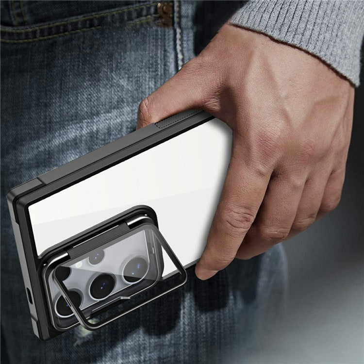 For Samsung Galaxy S24 Ultra Phone Case with Lens Cover Kickstand PC+TPU Clear Back Cover - Black
