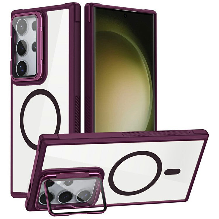 For Samsung Galaxy S23 Ultra Clear Phone Case Compatible with MagSafe Back Cover with Lens Cover Kickstand - Wine Red