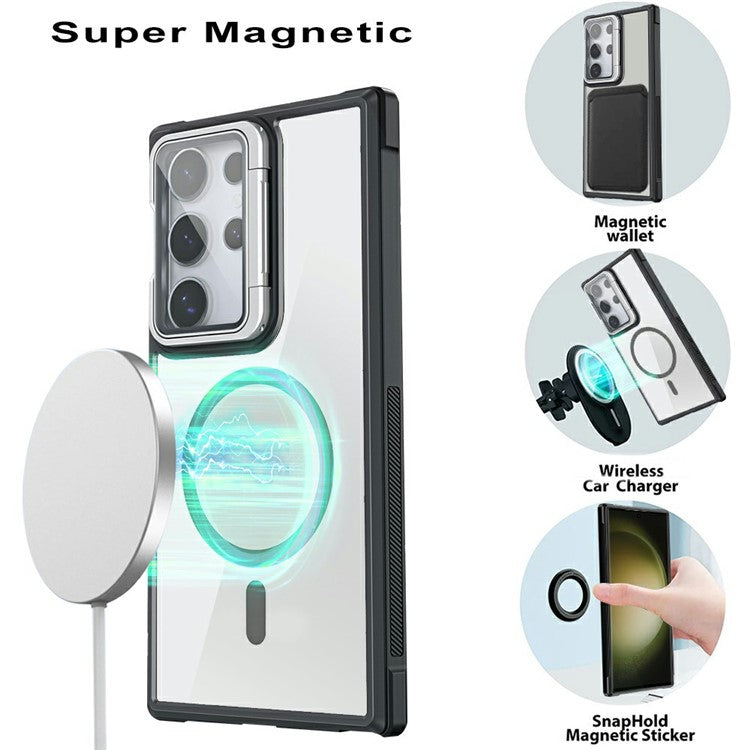 For Samsung Galaxy S23 Ultra Clear Phone Case Compatible with MagSafe Back Cover with Lens Cover Kickstand - Wine Red