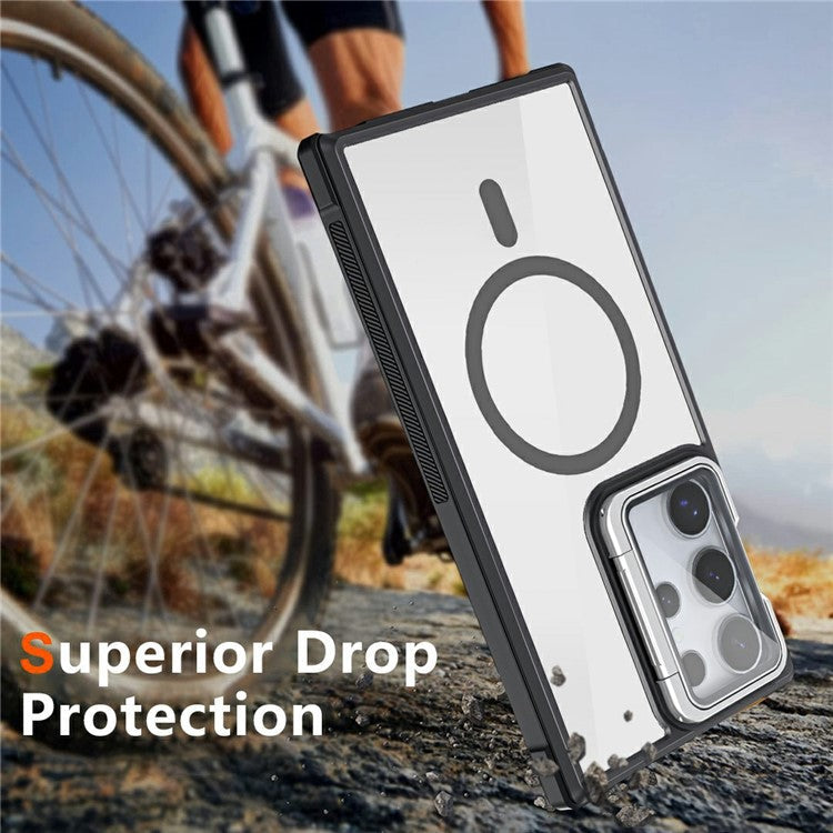 For Samsung Galaxy S23 Ultra Clear Phone Case Compatible with MagSafe Back Cover with Lens Cover Kickstand - Wine Red
