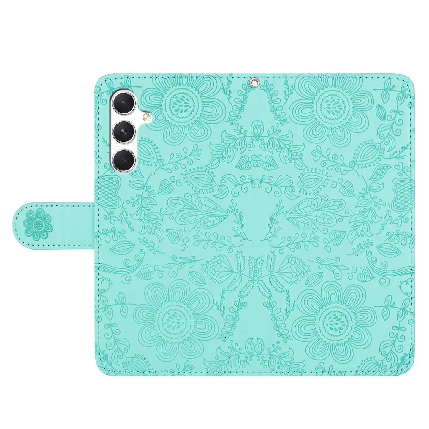 For Samsung Galaxy A16 5G / 4G Case Flower Imprint Leather Flip Wallet Phone Cover with Wrist Strap - Light Green