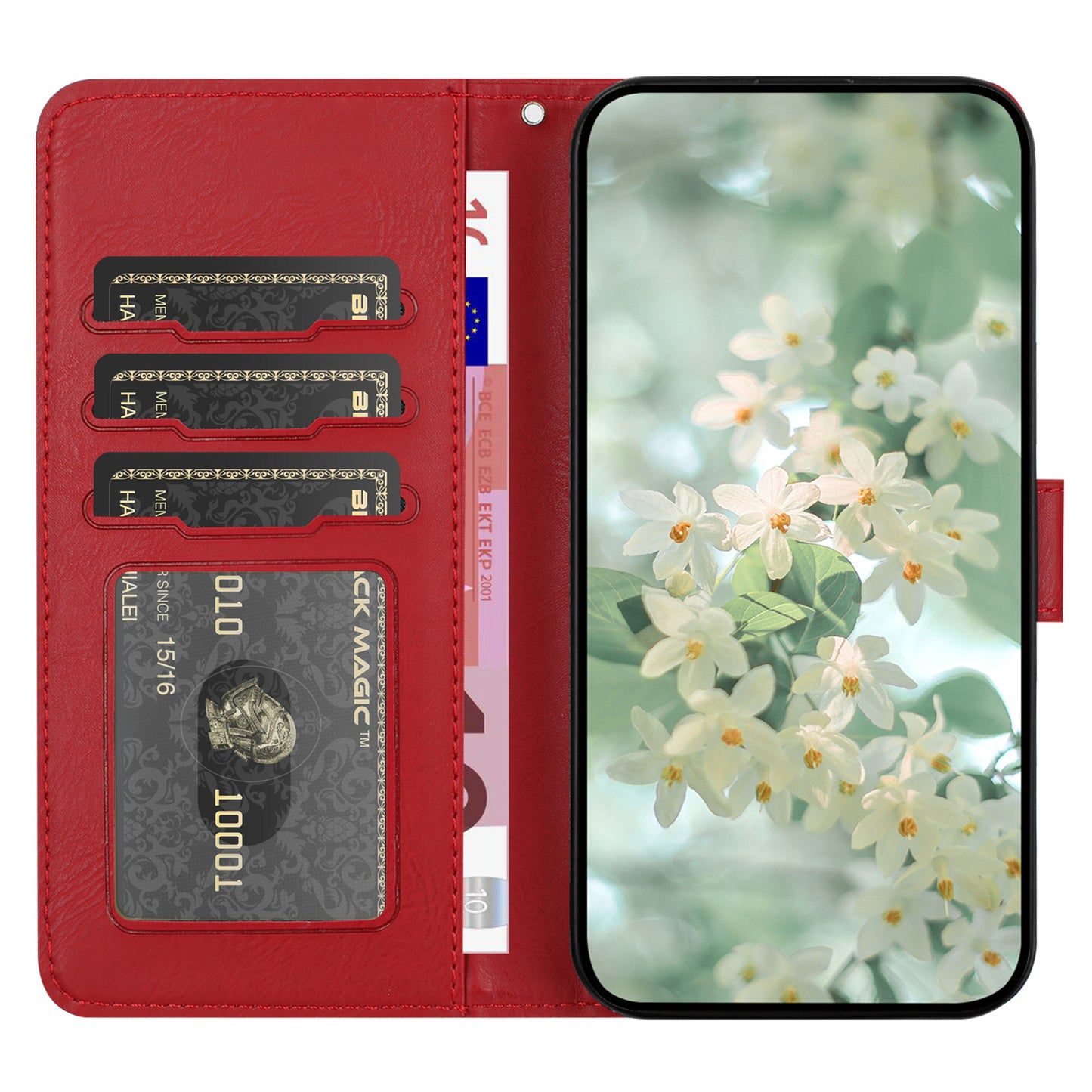 For Samsung Galaxy A06 Case Flower Imprint Leather Flip Wallet Phone Cover with Wrist Strap - Red