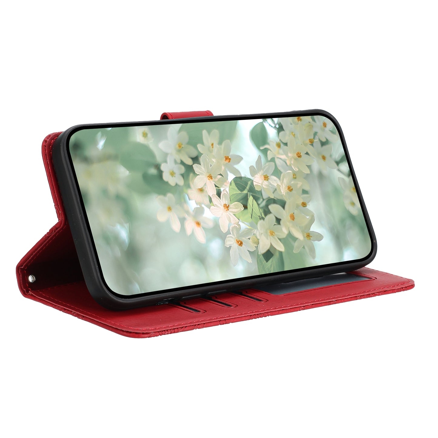 For Samsung Galaxy A06 Case Flower Imprint Leather Flip Wallet Phone Cover with Wrist Strap - Red