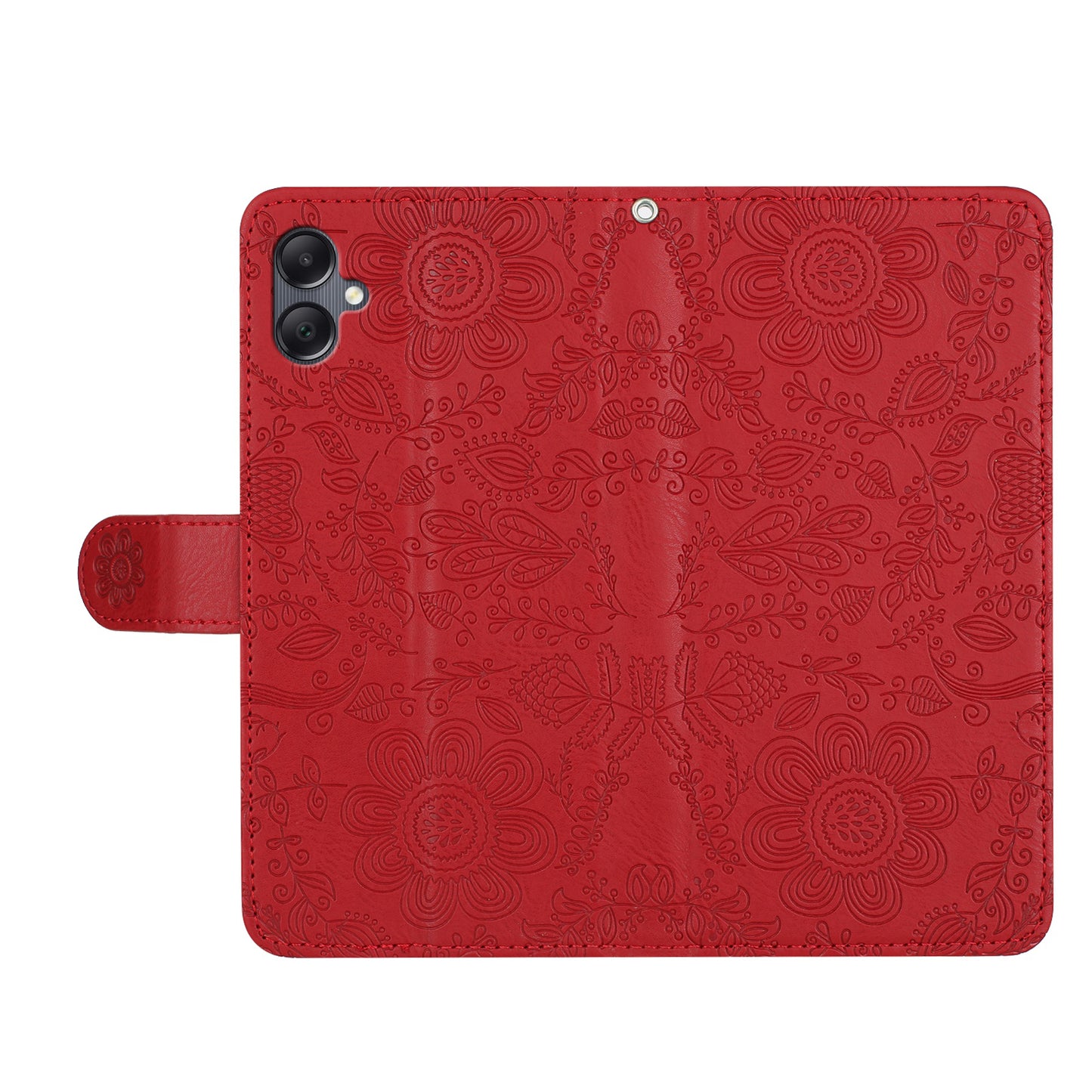 For Samsung Galaxy A06 Case Flower Imprint Leather Flip Wallet Phone Cover with Wrist Strap - Red