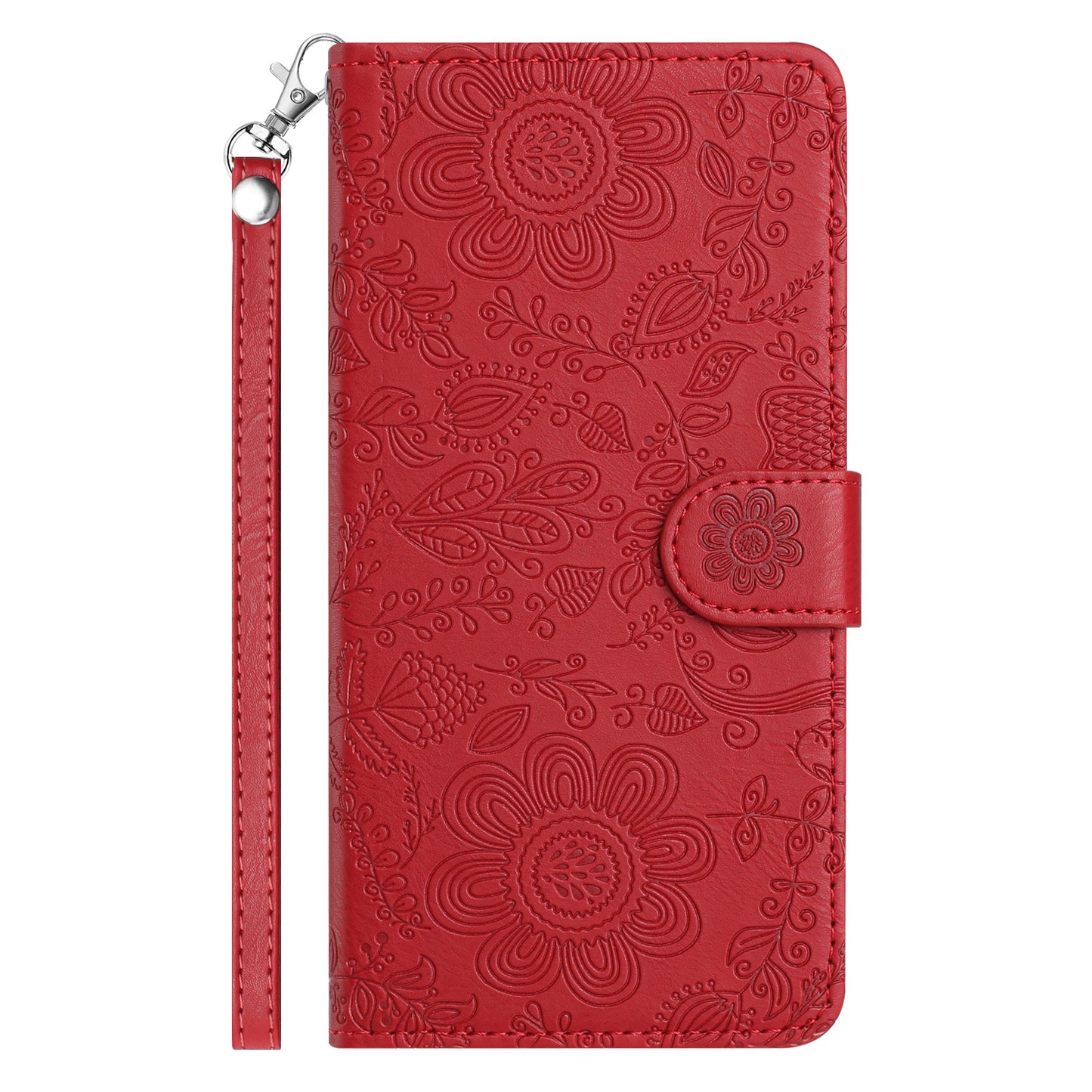 For Samsung Galaxy A06 Case Flower Imprint Leather Flip Wallet Phone Cover with Wrist Strap - Red