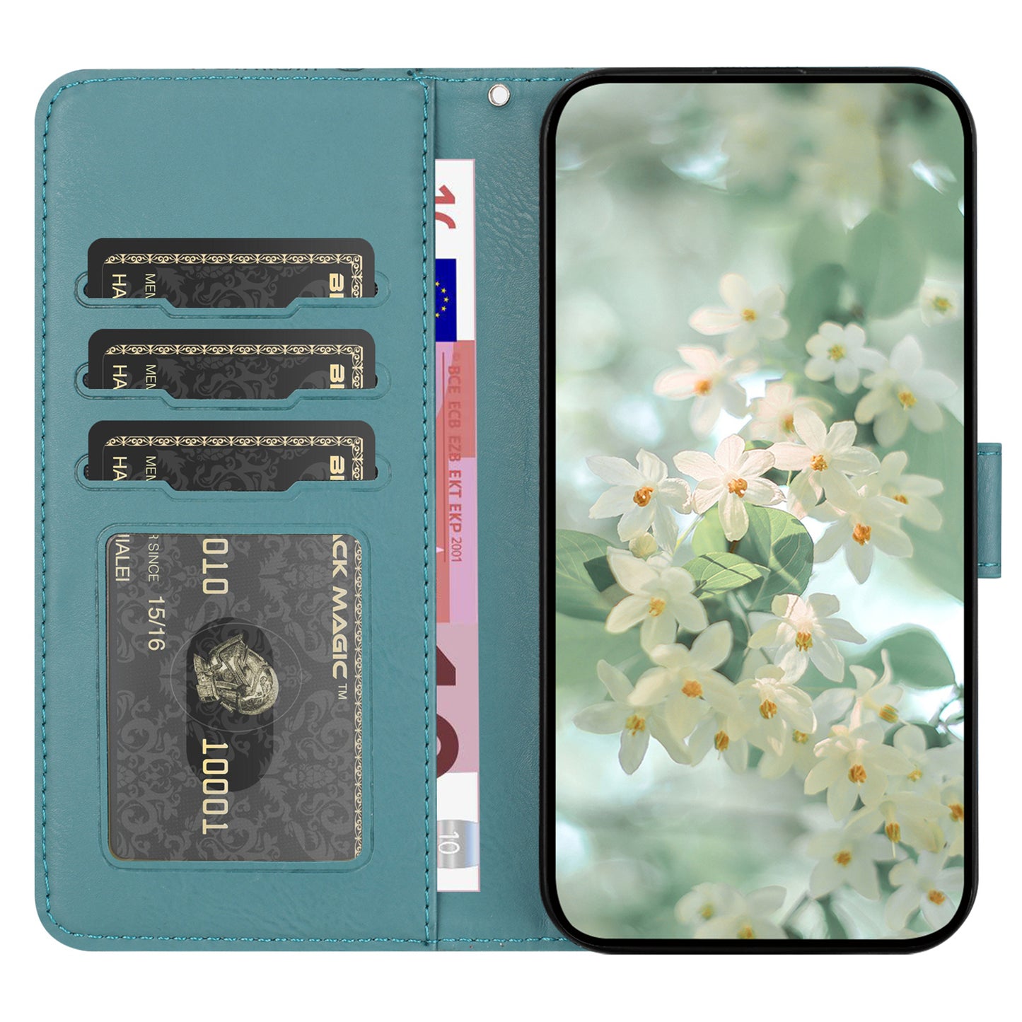 For Samsung Galaxy A06 Case Flower Imprint Leather Flip Wallet Phone Cover with Wrist Strap - Blackish Green
