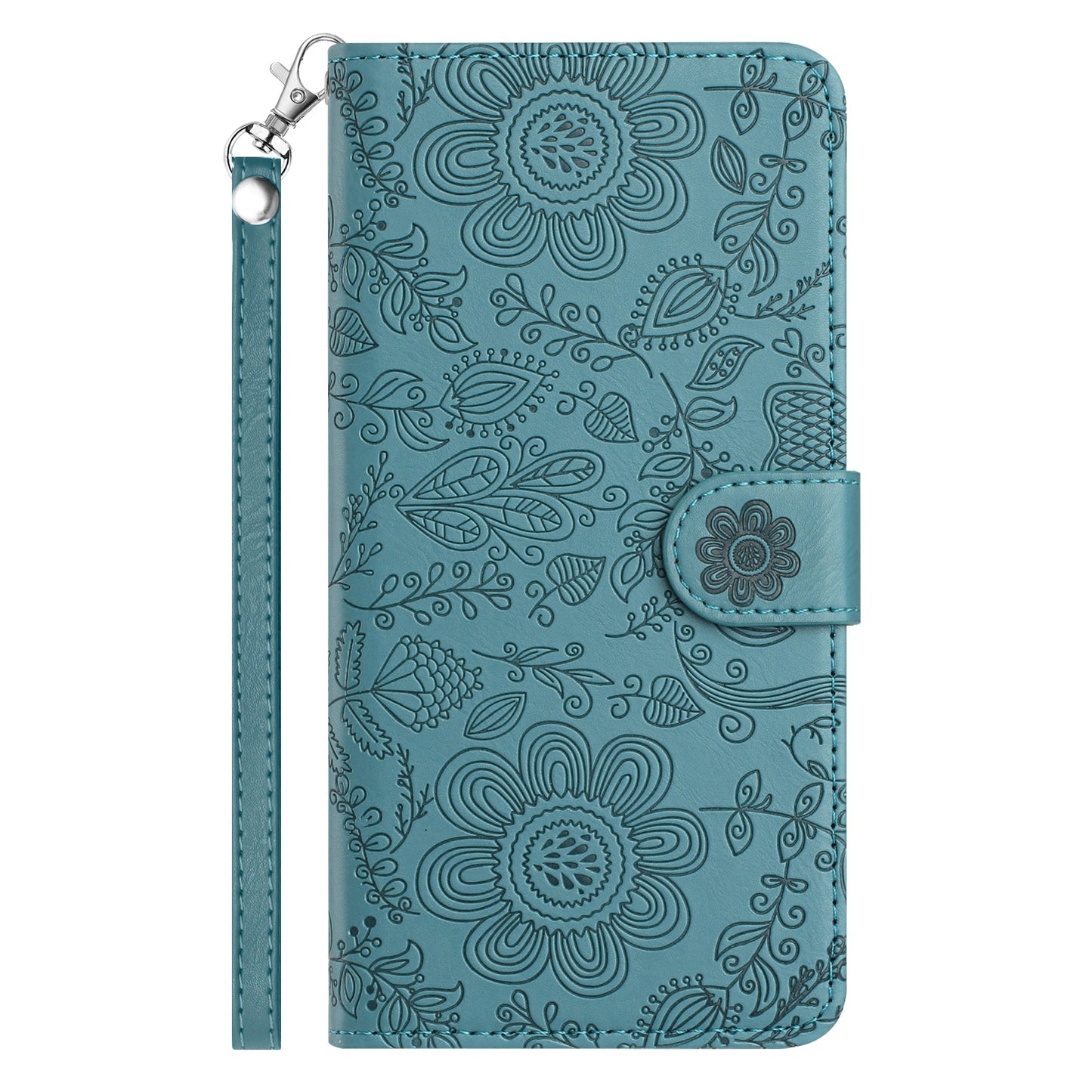 For Samsung Galaxy A06 Case Flower Imprint Leather Flip Wallet Phone Cover with Wrist Strap - Blackish Green