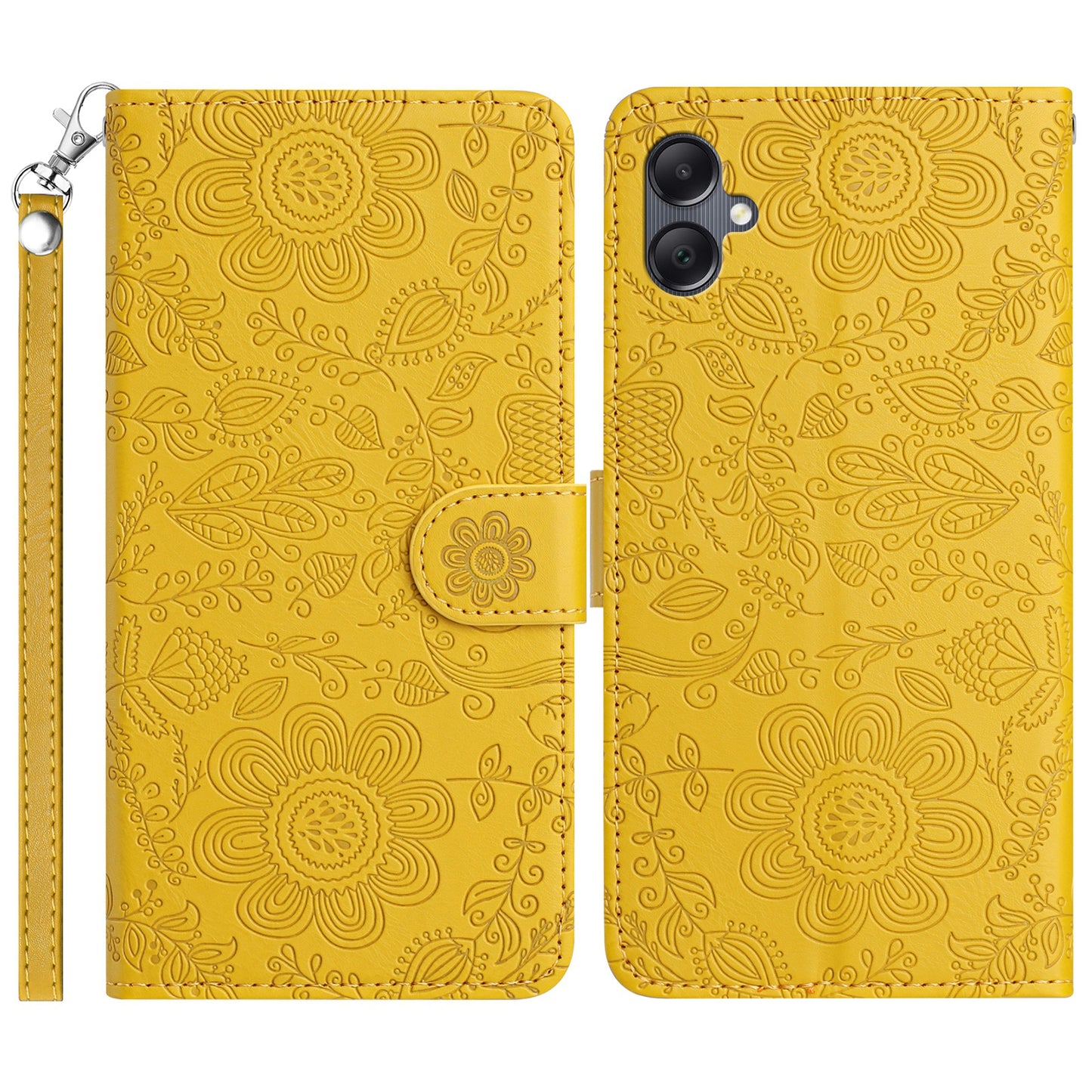 For Samsung Galaxy A06 Case Flower Imprint Leather Flip Wallet Phone Cover with Wrist Strap - Yellow