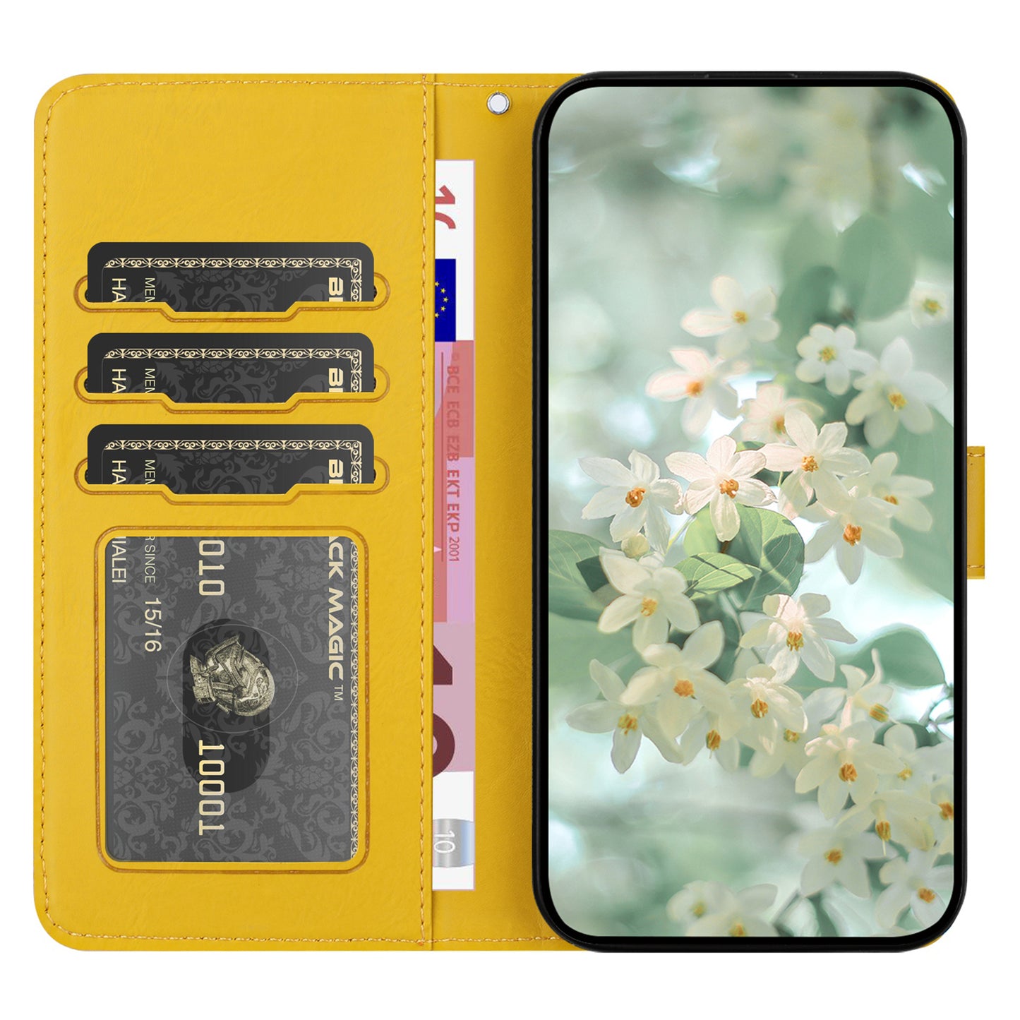 For Samsung Galaxy A06 Case Flower Imprint Leather Flip Wallet Phone Cover with Wrist Strap - Yellow