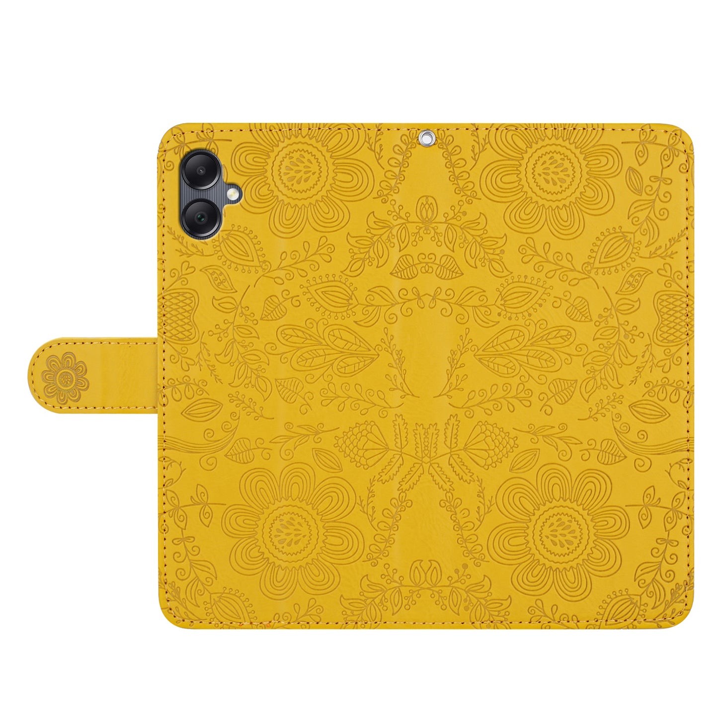 For Samsung Galaxy A06 Case Flower Imprint Leather Flip Wallet Phone Cover with Wrist Strap - Yellow