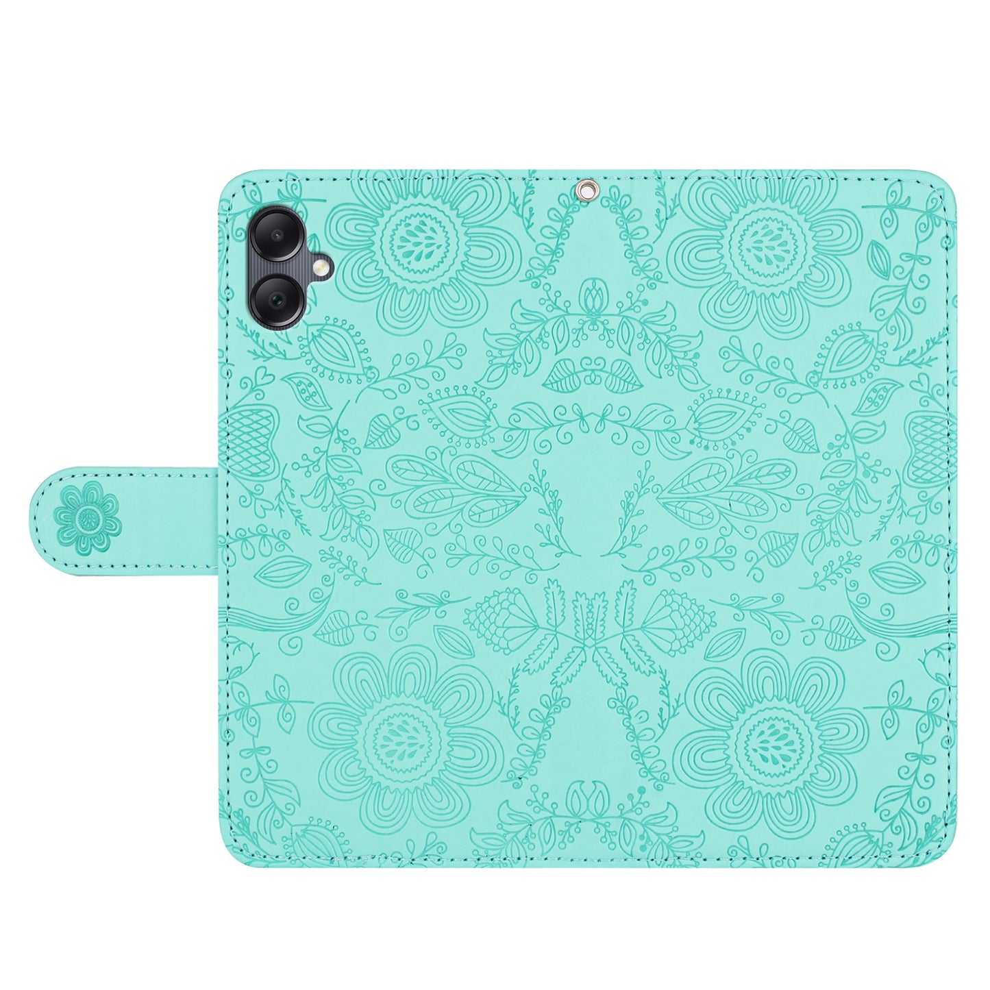 For Samsung Galaxy A06 Case Flower Imprint Leather Flip Wallet Phone Cover with Wrist Strap - Light Green