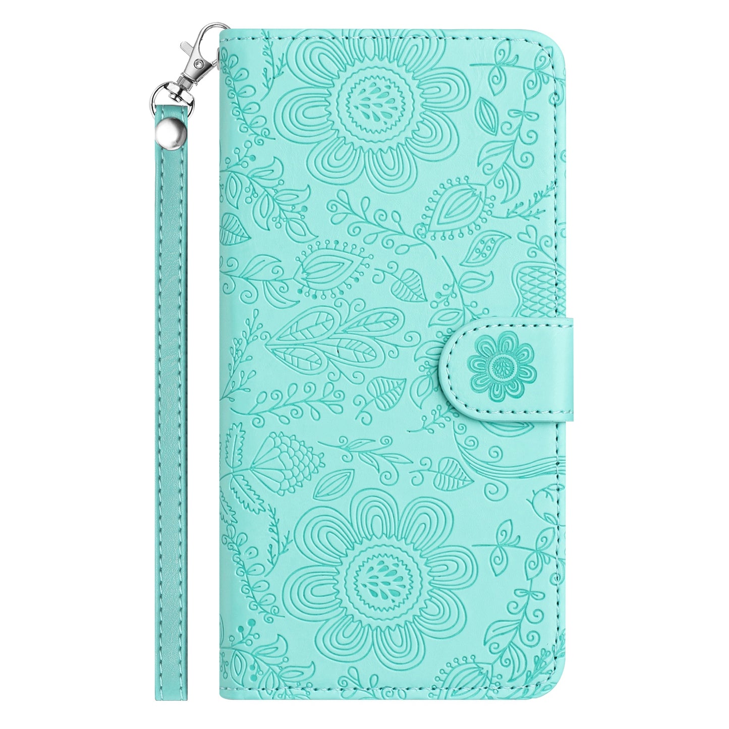 For Samsung Galaxy A06 Case Flower Imprint Leather Flip Wallet Phone Cover with Wrist Strap - Light Green