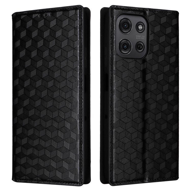 For Motorola Moto G75 5G Wallet Case Rhombus Imprinted Leather Phone Cover - Black