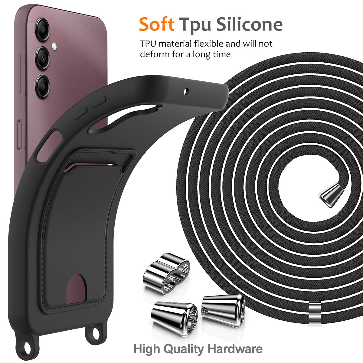 For Samsung Galaxy A16 5G / 4G Case Liquid Silicone Card Holder Phone Back Cover with Lanyard - Black