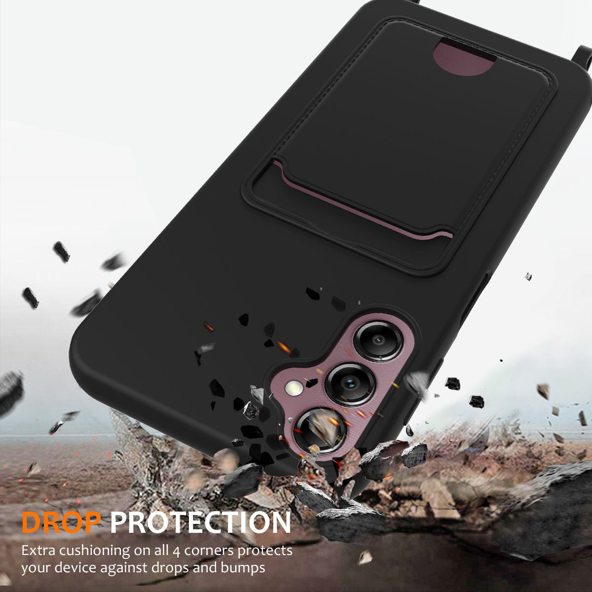 For Samsung Galaxy A16 5G / 4G Case Liquid Silicone Card Holder Phone Back Cover with Lanyard - Black