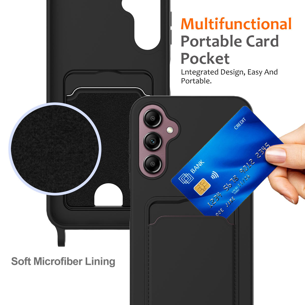 For Samsung Galaxy A16 5G / 4G Case Liquid Silicone Card Holder Phone Back Cover with Lanyard - Black