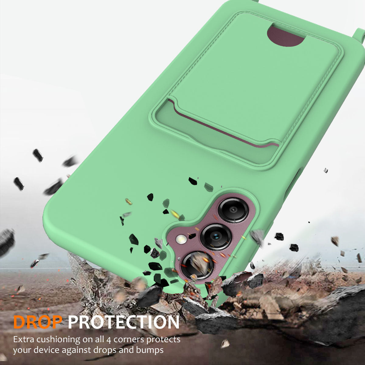 For Samsung Galaxy A16 5G / 4G Case Liquid Silicone Card Holder Phone Back Cover with Lanyard - Green