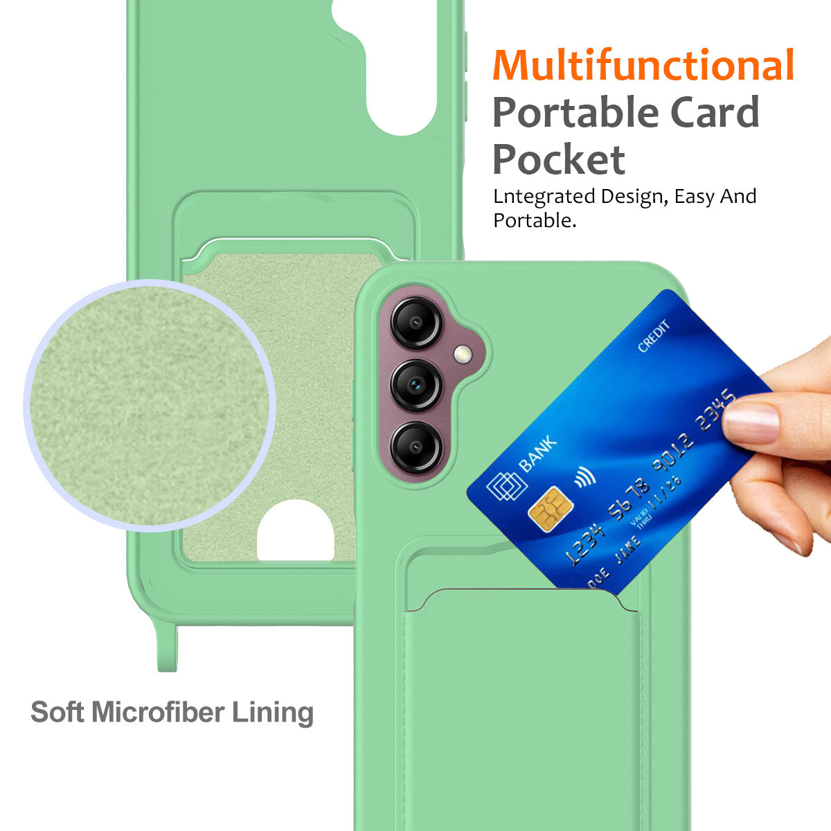For Samsung Galaxy A16 5G / 4G Case Liquid Silicone Card Holder Phone Back Cover with Lanyard - Green