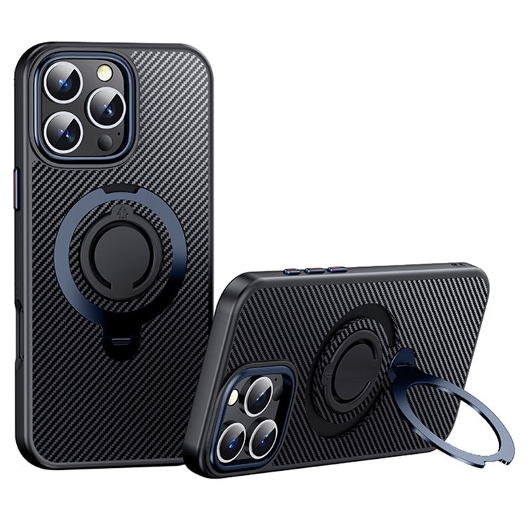 For iPhone 16 Pro Case Compatible with MagSafe Kickstand Carbon Fiber Texture PC+TPU Phone Cover with Silicone Ring - Blue